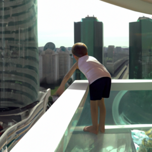 A cityscapeIf a child gets on top of the outdoor unit on the apartment balcony, with tall skyscrapers and a street scene
