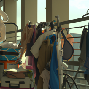 Apartment balcony with lots of luggage, bookshelves, cabinets, and clothesline