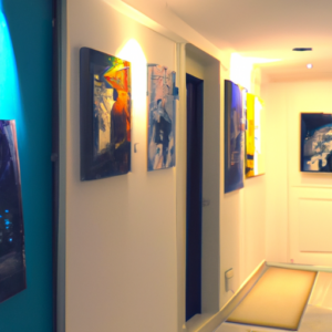 Entrance hall of the condominium, decorated with paintings from his hobbies
