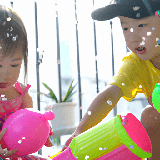 Japanese children play with water guns, floats, and other toys in a plastic pool placed on an apartment balcony.