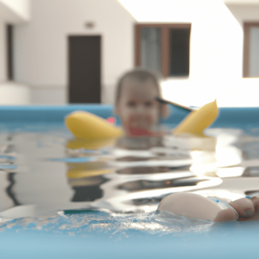 A child plays in the water in a pool placed on the balcony of an apartment building.