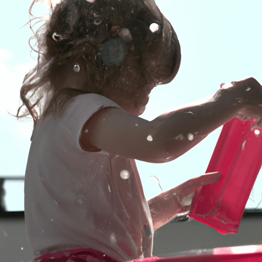 A child plays with water in a plastic pool placed on the balcony of an apartment building.