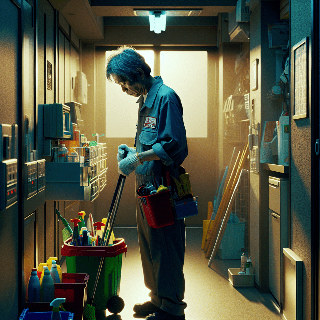 マンションの中で、日本人の管理人が作業着で清掃用具を持って清掃作業をする姿