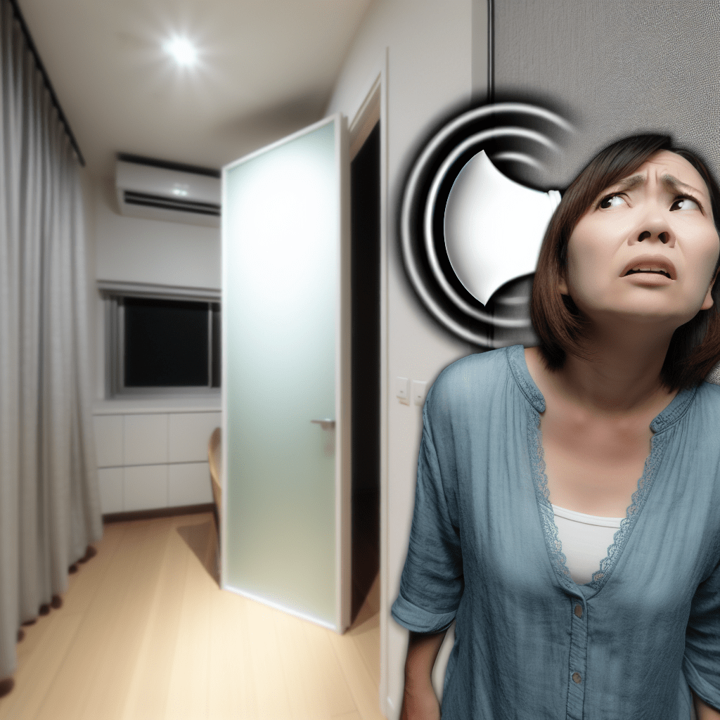マンションの上階から聞こえてくる騒音に困った日本人の女性が、部屋の中で呆然としている