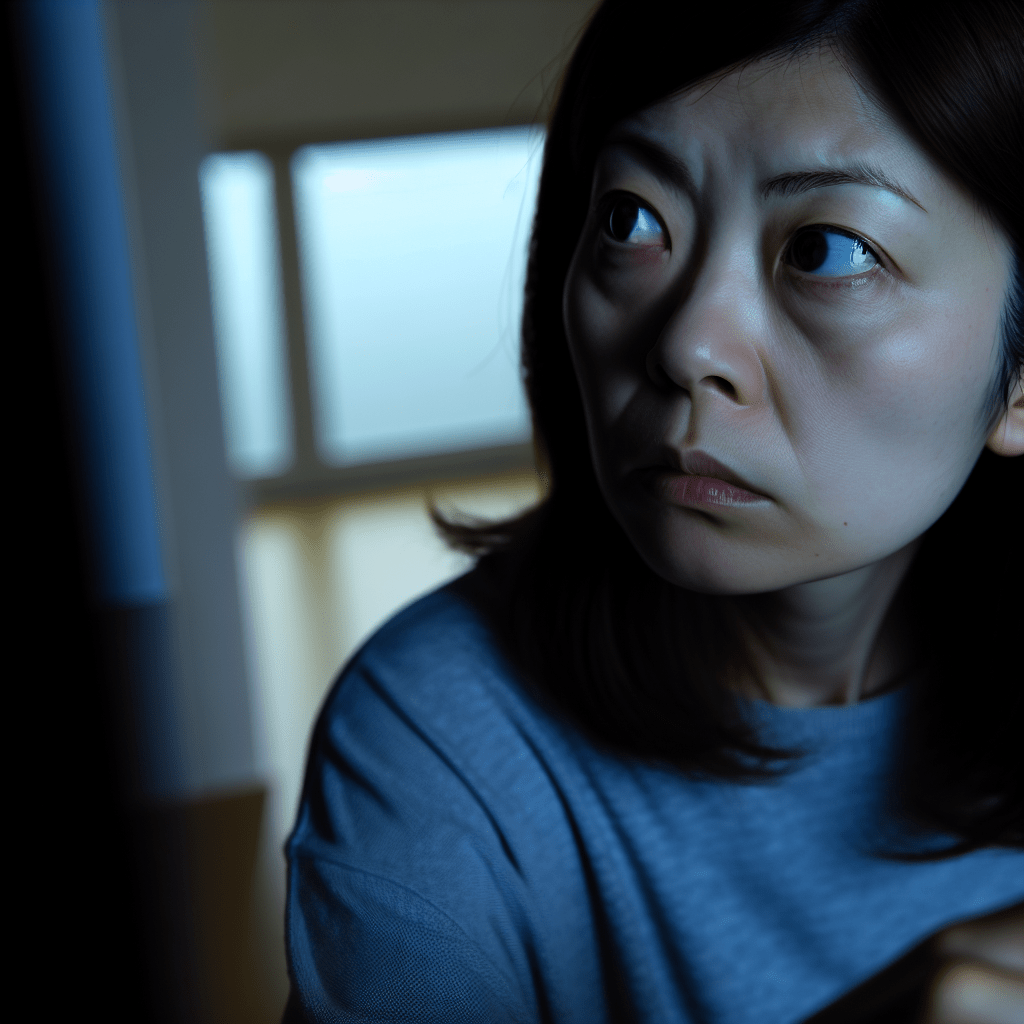 マンションの上階から聞こえてくる騒音に困った日本人の女性が、部屋の中で呆然としている