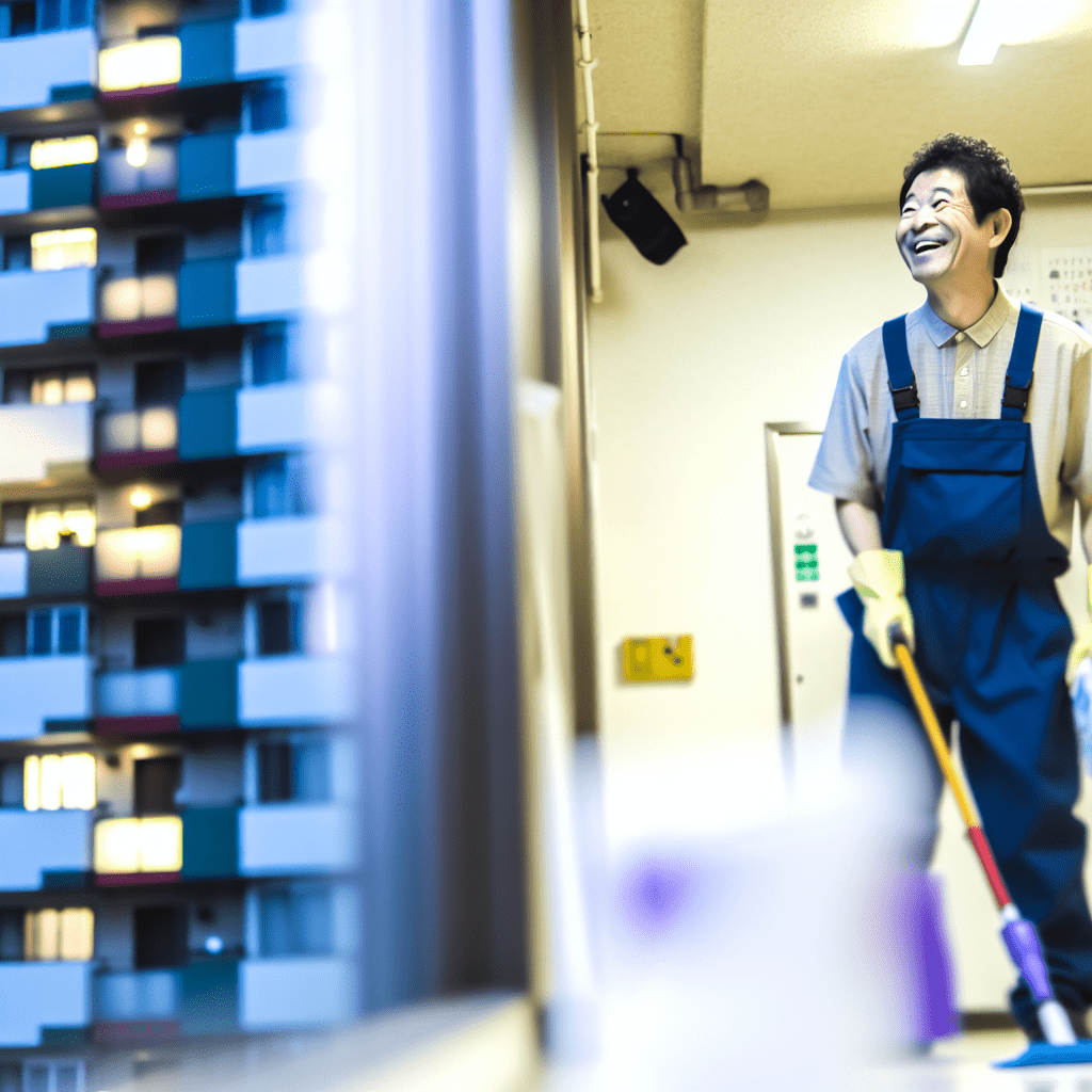 マンションの中で、日本人の管理人が作業着で清掃用具を持って、笑顔で生き生きと清掃作業をする姿