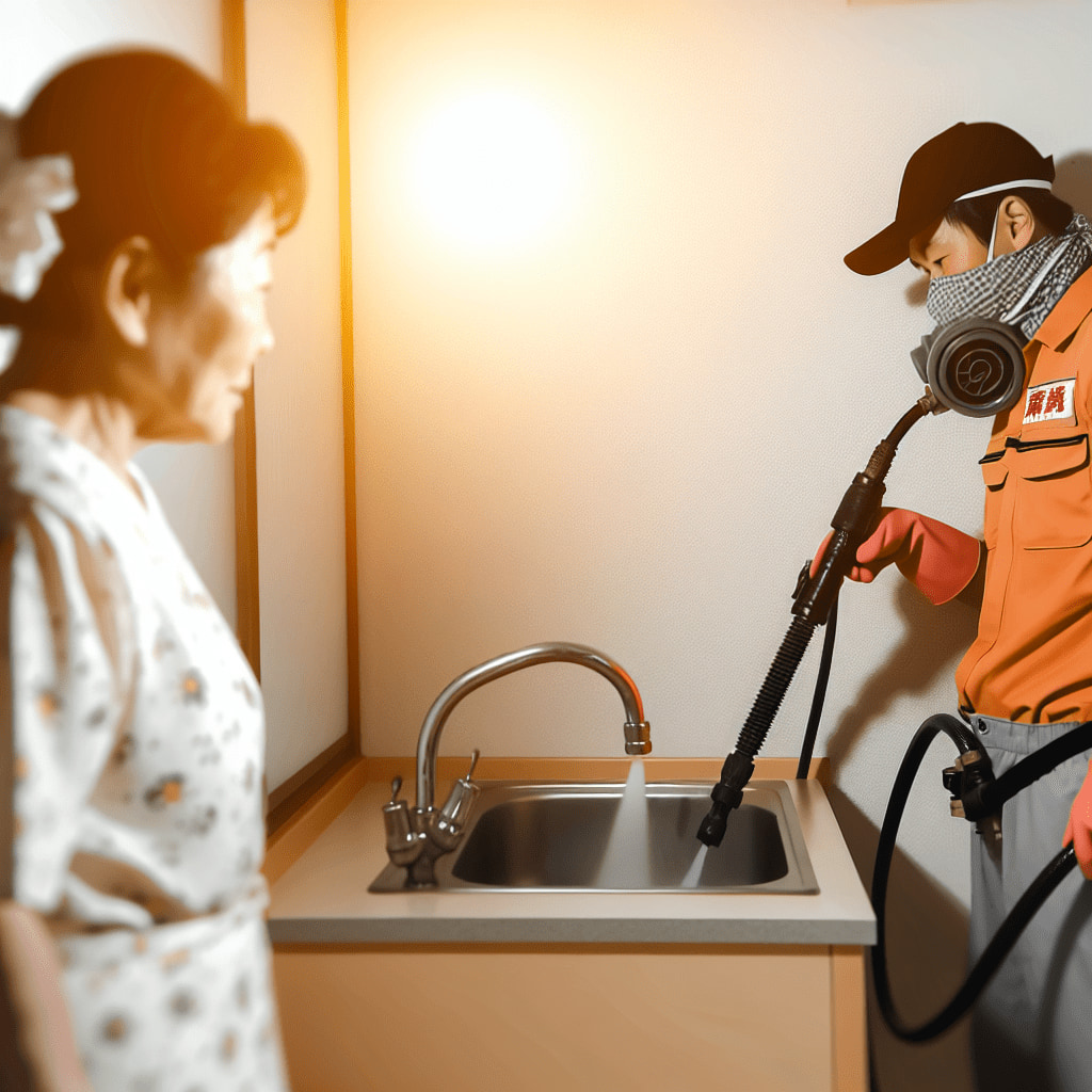 家の排水管清掃で、シンクの雑排水管に洗浄ホースを入れて高圧洗浄を行う業者と、横にいる日本人の主婦