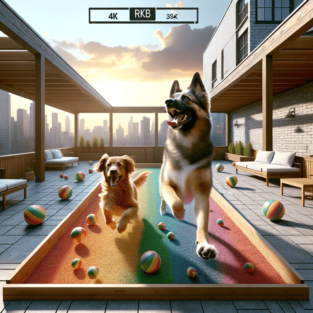 Two dogs run free on the roof balcony with a dog run for dogs.