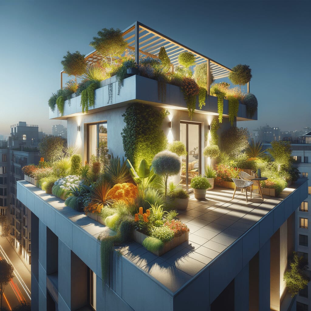 Apartment roof balcony decorated with stylish plantings