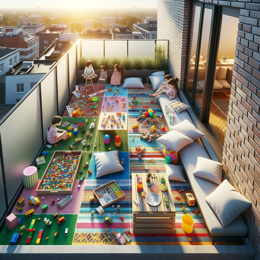 Play Area: You can bring in your grandchildren\'s favorite toys and games and turn the roof balcony into a play area. Lay out a rug or cushions for games, Lego blocks, etc. Board games and card games are also fun options.