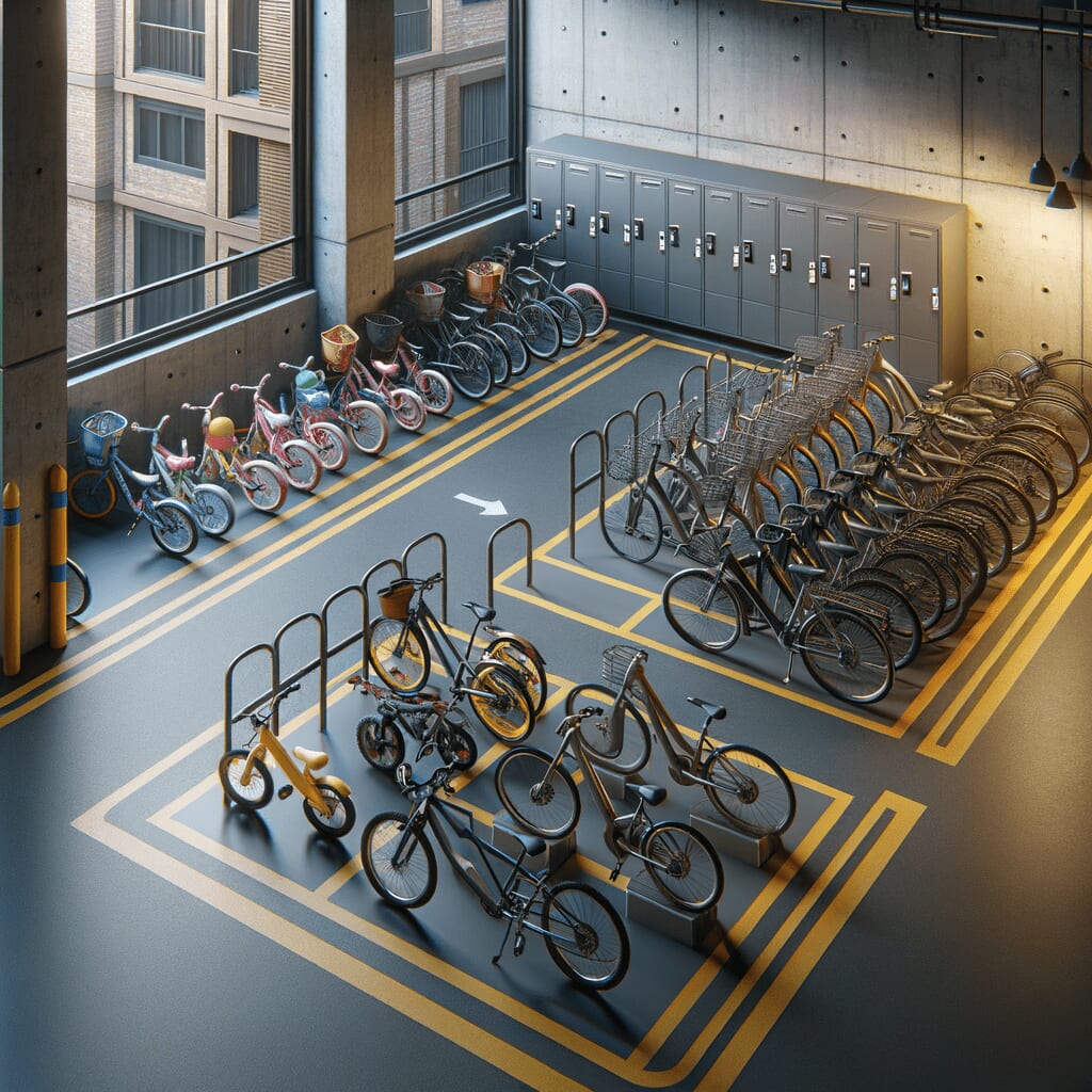 Indoor bicycle parking at the condo is small. There is a mix of children\'s bicycles, road bikes, and bicycles with child seats. Bicycles are also placed outside the bicycle parking area.
