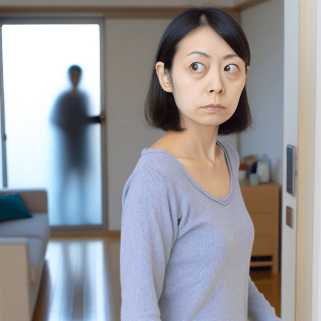 一人暮らしの日本人の女性がマンションで一人暮らし、部屋の中へ侵入を狙う犯罪者